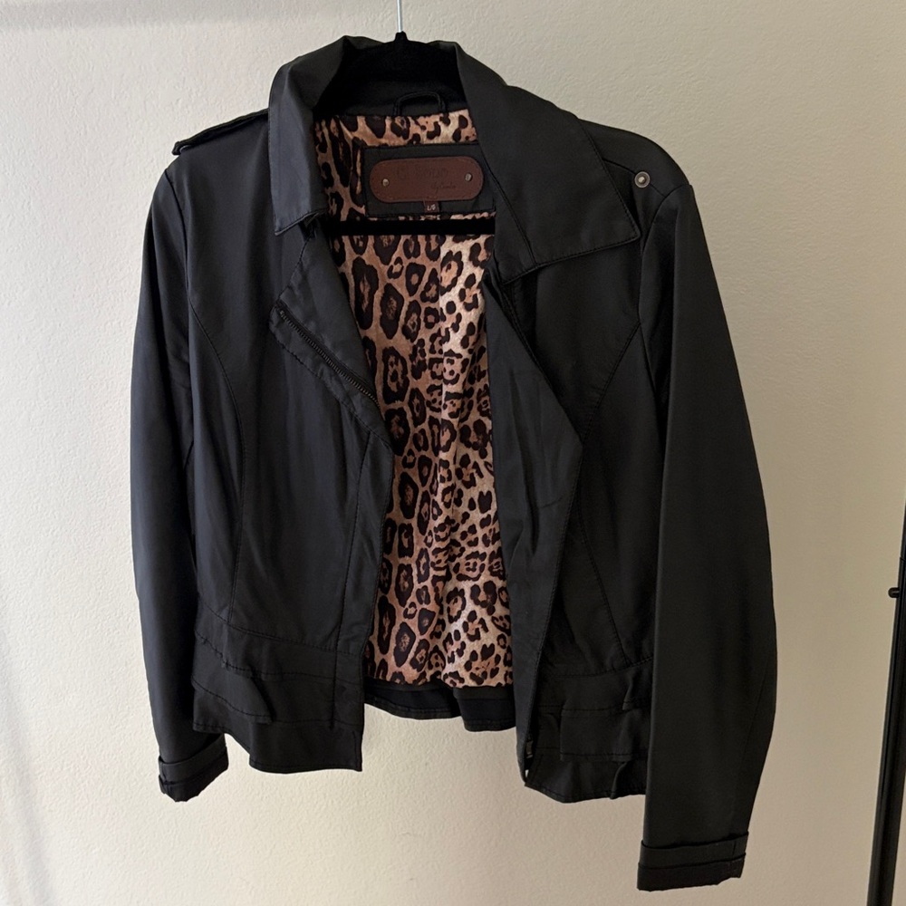 Black Faux Leather Women's Jacket with Leopard Print Lining